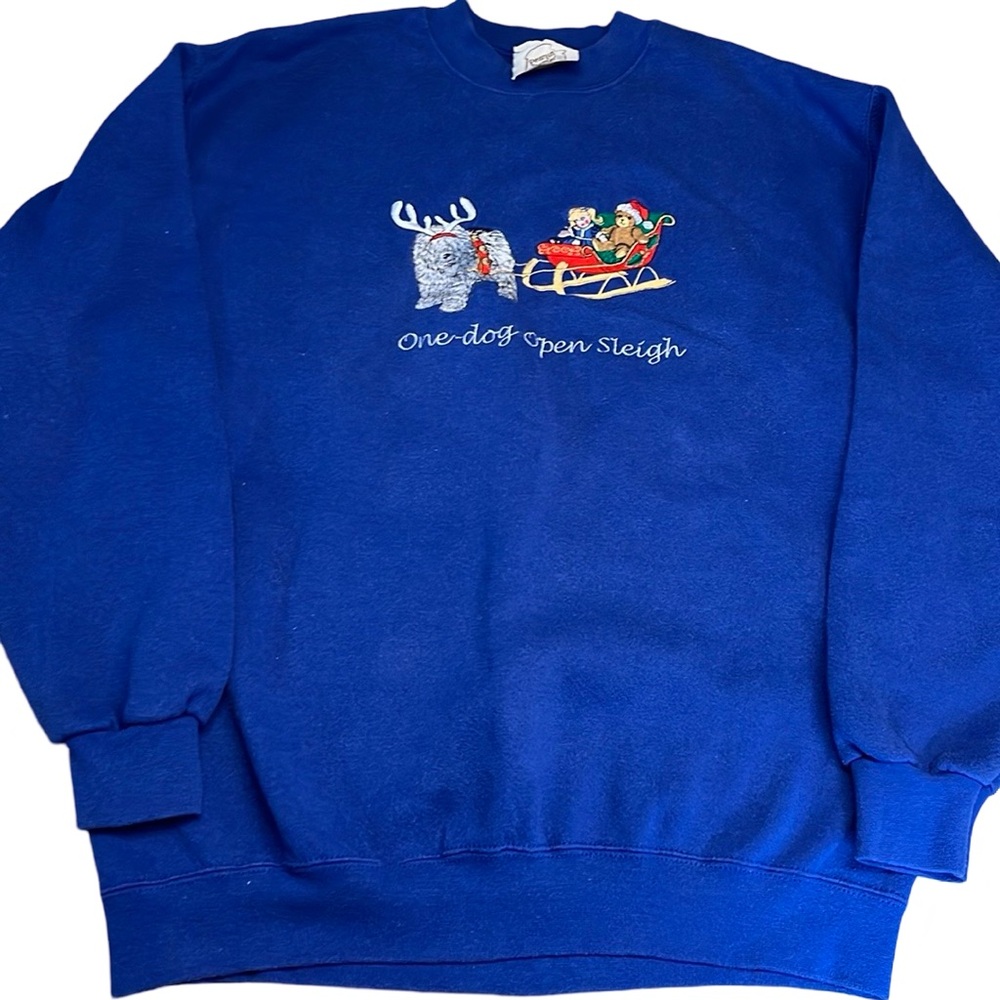 Vintage Christmas Dog Lover Embroidered Sweater “One Dog Open Sleigh” Medium